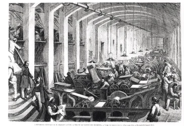 Obras de impresión general de Charles Lahure, vista de la galería de máquinas imprimiendo la revista 